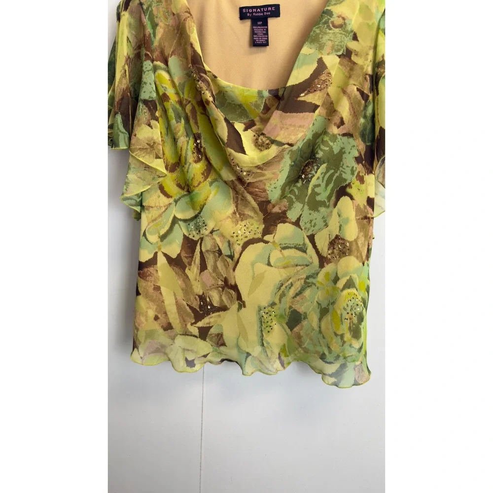Signature By Robbie Bee Floral 2 Piece Set Green Chiffon Ruffle Skirt Top 14P